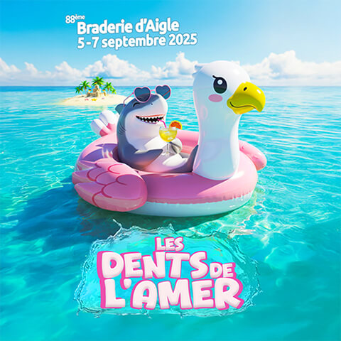 Illustration officielle de la Braderie d’Aigle 2025 avec un requin souriant portant des lunettes de soleil, installé dans une bouée aigle rose sur la mer, thème Les Dents de l’Amer, événement festif en Suisse