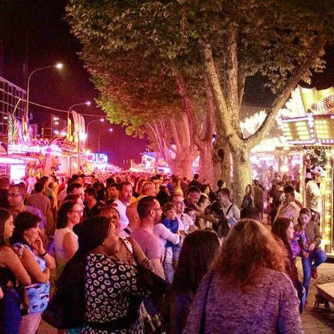 Foule animée à la Braderie d’Aigle sous les lumières festives en soirée.